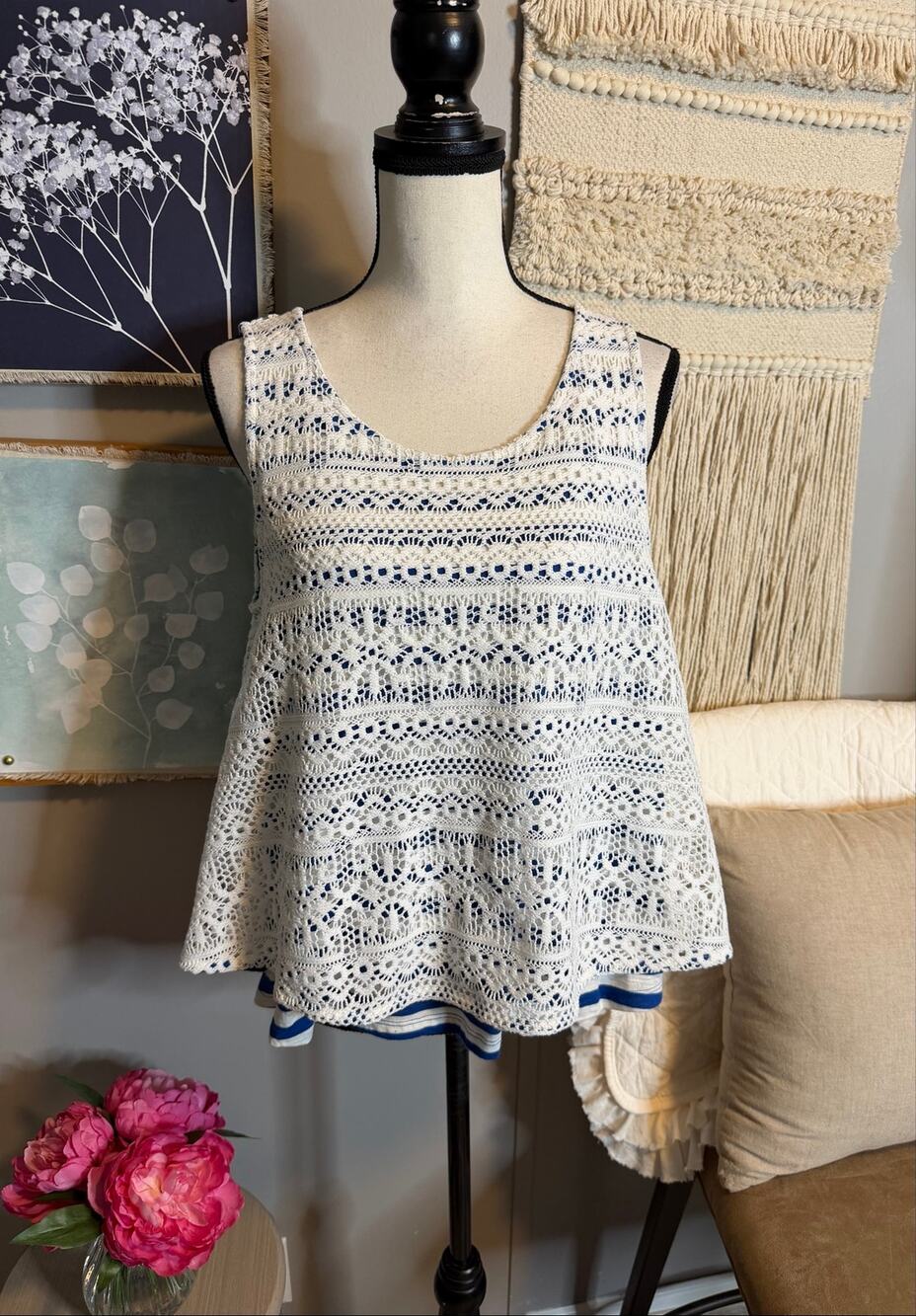 Postmark by Anthropologie Crochet Lace Overlay Blue White Striped Top M Boho